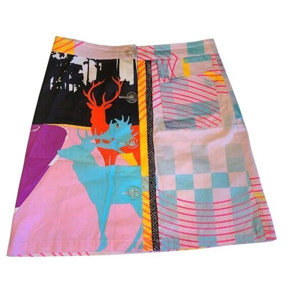 Custo Barcelona Midi A-line Skirt Y2K Multicolor Geometric w/Deers 4US/38 EUR - Picture 2 of 16
